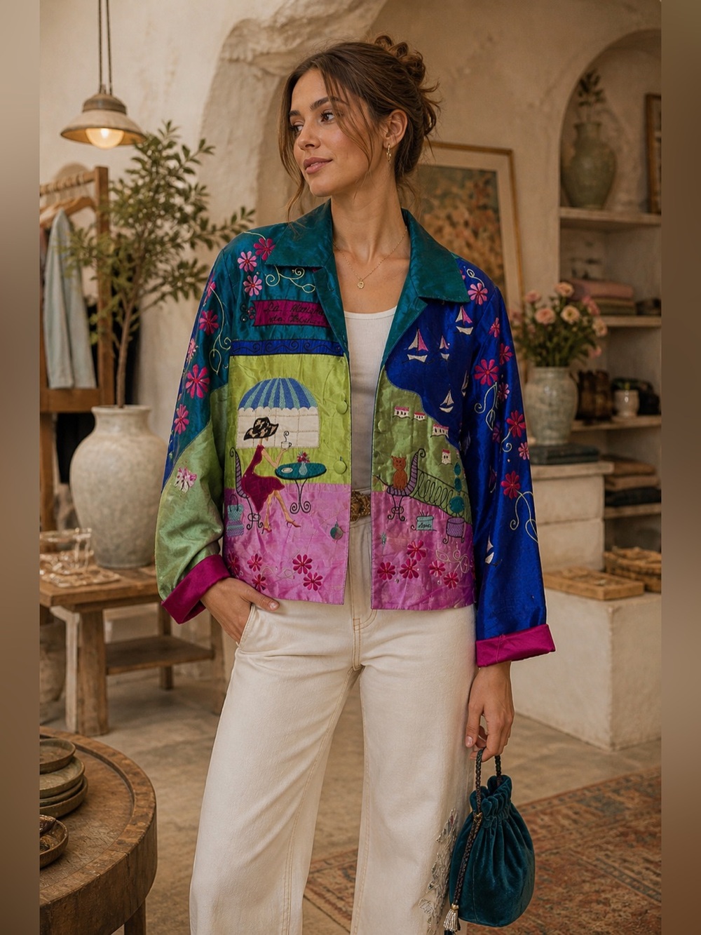Vintage Bleu Bayou Silk Embroidered Patchwork Jacket Medium Colorful Artwear